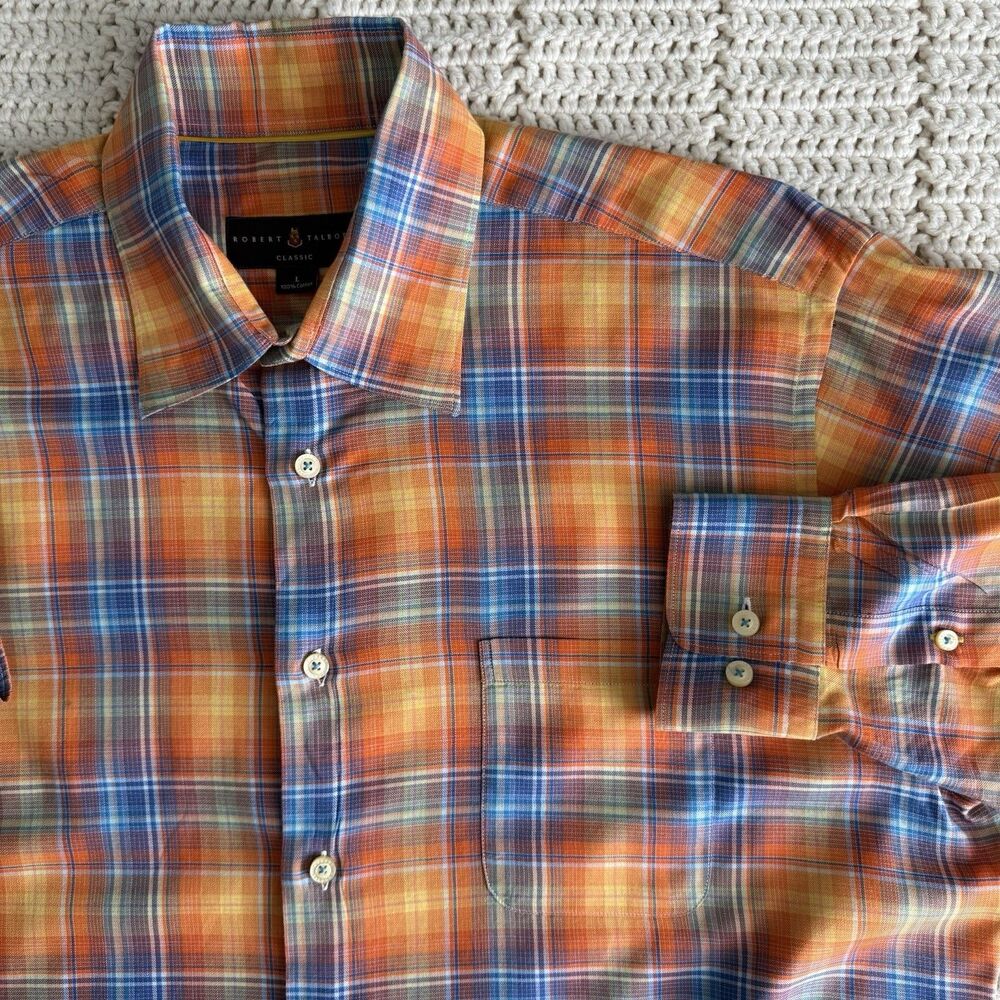Robert Talbott Classic Men’s L Orange Plaid Lightweight Cotton Button Down Shirt
